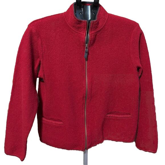 Woolrich Sweater Womens L Full Zip Wool Ruby Red Pocket Cardigan Vintage - Picture 1 of 4